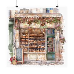 a watercolor painting of a bakery with bread on display