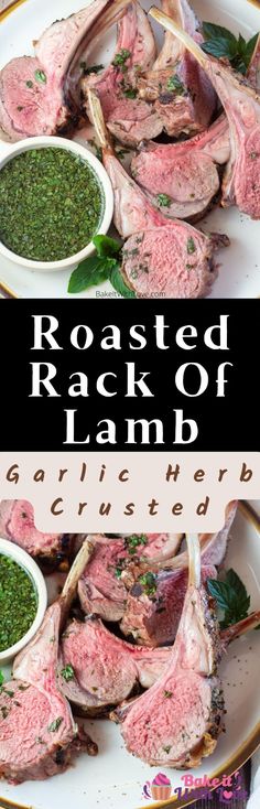 roasted rack of lamb with garlic and herbs on a white plate next to the words roasted rack of lamb