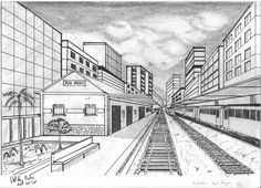 a pencil drawing of a train station with buildings and tracks in the foreground, on a cloudy day