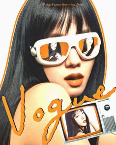 a woman with glasses holding a camera in front of her face and the words voguie on it