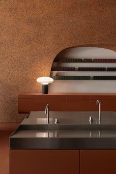 two sinks are in front of a wall with books on it and a lamp above them