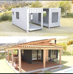 two pictures side by side of a house made out of shipping containers