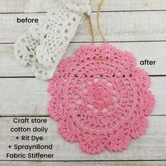 crocheted doily with instructions to make it look like an ornament