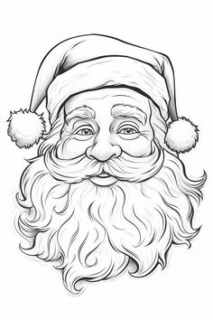 a black and white drawing of santa claus's face with a beard, wearing a santa hat