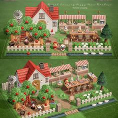 two pictures of a farm house with an apple tree in the yard