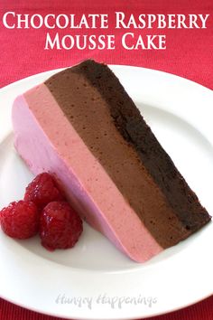 a piece of chocolate raspberry mousse cake on a plate