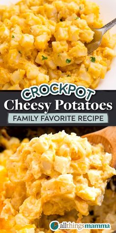 close up image of Crockpot Cheesy Potatoes Cheesy Potatoes With Real Potatoes, Crockpot Cheesy Potatoes, Cheesy Potatoes Crock Pot, Potato Recipes Crockpot, Potato Side Dishes Easy, Crockpot Side Dishes, Cheesy Potatoes Recipe, Cookout Side Dishes, Crock Pot Potatoes