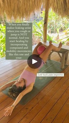 a woman doing yoga on a mat in front of a tiki hut with a caption that reads, when you finally realizing