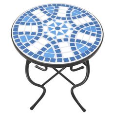 a blue and white mosaic table on a black metal stand with an iron frame base