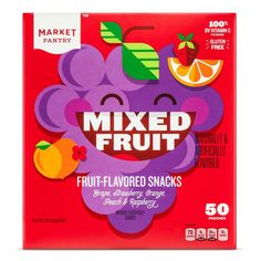 a box of mixed fruit flavored snacks