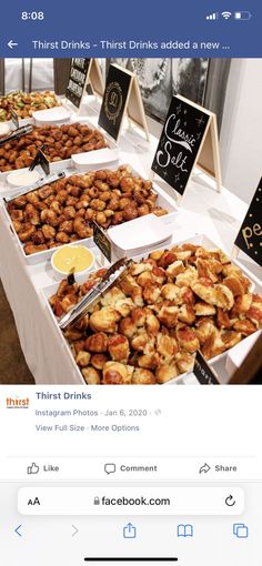 a table with lots of different types of food on it and the words soft pretzel catering catering for events, corporate, wedding, etc