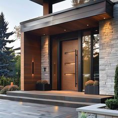 a modern entry way with two doors and steps