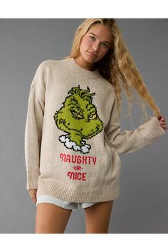 Super soft sweater knit/Crew neck/Ribbed collar, cuffs & hem/Grinch graphic/This sweater is Real Good: Made with the planet in mind & a promise to continue to do better. Ugly Sweaters Ideas, Grinch Outfit Women, Grinch Sweater, Grinch Graphic, Holiday Sweaters, Denim Jacket Outfit, Ugly Christmas Sweaters, Halloween Outdoor, Jacket Outfit