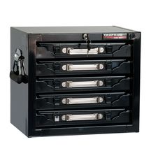 four drawers are shown with keys in each drawer on the front and bottom, one is black