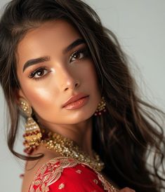 a woman in a red dress with gold jewelry on her neck and long dark hair