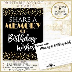 a birthday wish card with gold confetti on it and the words, share a memory