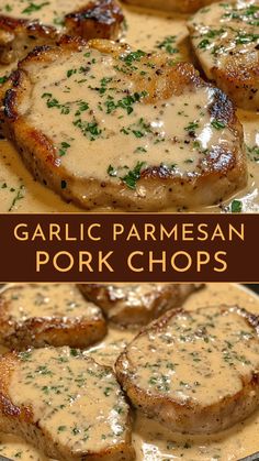 garlic parmesan pork chops in a skillet with gravy on top