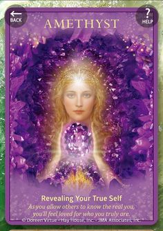 a card with an image of a woman holding a crystal heart in her hands and the words, amethyst revealing your true self as you allow others to know