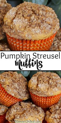 pumpkin streusel muffins stacked on top of each other with text overlay