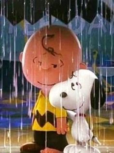 a cartoon character hugging a dog in the rain