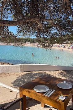 two plates on a table under a tree near the beach with people swimming in the water