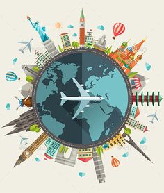 an airplane is flying over the earth with buildings and airplanes around it - travel conceptual