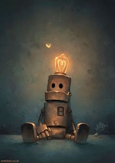 a robot sitting on top of a floor next to a light bulb in the shape of a heart