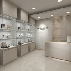 the interior of a jewelry store with glass shelves