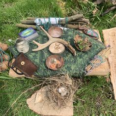 an assortment of items are laid out on the ground in front of a tree stump