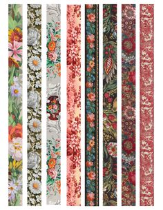 six different colored floral tapes are lined up in the same row, each with flowers and leaves on them