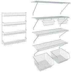 three shelves with wire baskets on them and one hanging from the ceiling, all in different sizes