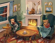 two cats are sitting in chairs and reading books by the fire place, while another cat is drinking from a mug