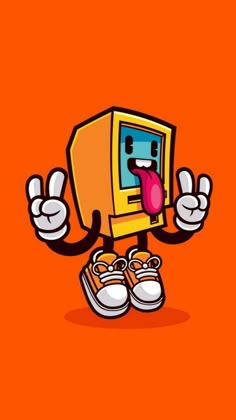 an orange vending machine cartoon character with tongue out and hands in front of face