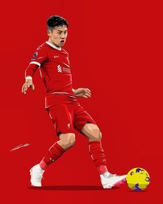 a painting of a soccer player in red and white kicking a ball on a red background