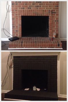 before and after pictures of a brick fireplace