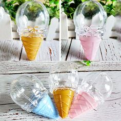 three ice cream cones in different colors and sizes