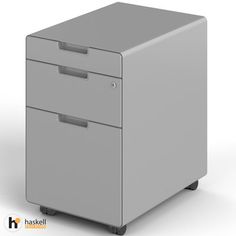 an office filing cabinet with two drawers on wheels, in front of a white background