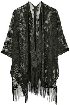 Rock a bohemian look with this Lace Fringed Kimono. The delicate lace and playful fringes add a touch of whimsy to any outfit. Perfect for festivals or a day out in the sun. Don't be afraid to be a little extra! PRODUCT SPECIFICATIONS*100% Polyester*One size*Dimensions: approximately 50 inches wide x 29 inches long*Online Only Beach Ware, Fringe Kimono, Kimono Wrap, Lace Kimono, Boho Kimono, Bohemian Look, Shoes With Jeans, Lace Pattern, Scrunchie Hairstyles