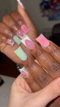 #acrylicnails #ducknails Xl Duck Nails Acrylic, Duck Shape Nails Acrylics, Duck Nails Charms, Junk Nail Designs, Colorful Duck Nails, Colorful Duck Nails Acrylic, Exotic Nail Designs, Girly Acrylic Nails