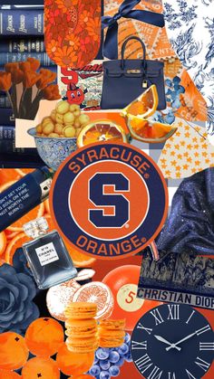 an orange and blue collage with the number six surrounded by many different items such as books