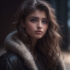 a woman with long hair wearing a black leather jacket and fur collar, looking at the camera