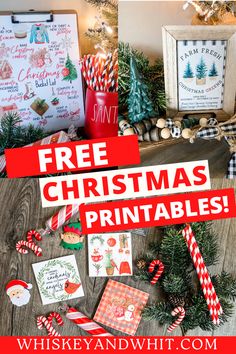 the free christmas printables are on display with candy canes and candies