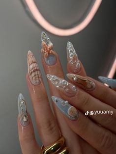 Beach Themed Nails, Paznokcie Hello Kitty, Seashell Nails, Kutek Disney, Long Stiletto Nails, Tropical Nails, Easy Nails, Mermaid Nails