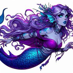 a drawing of a mermaid with purple hair