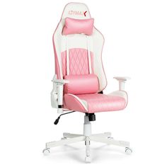 a pink and white office chair with the seat up