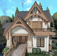 this is an artist's rendering of a house in the woods with stone and wood accents