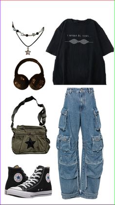 an assortment of clothing and accessories including converse sneakers, headphones, necklaces and sunglasses