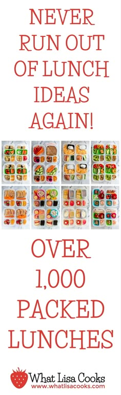 a poster with words on it that say never run out of lunch ideas again over 1, 000 packed lunches