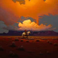 a painting of a man riding on the back of a white horse across a desert