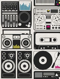 a bunch of different types of boomboxs on a white background with black and pink designs